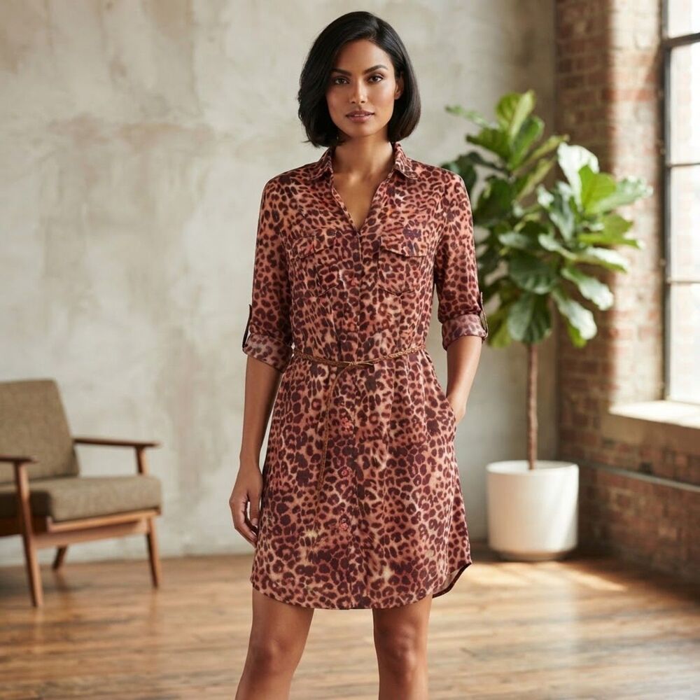 It Girl Leopard Print Shirt Dress Belted Size M